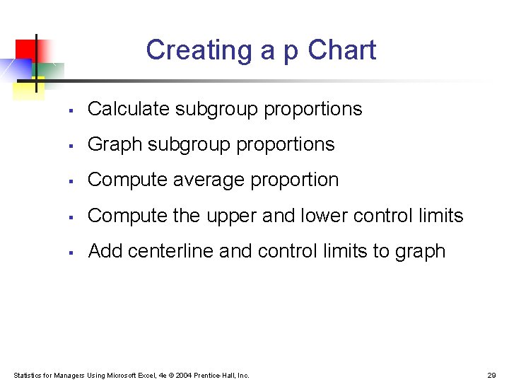 Creating a p Chart § Calculate subgroup proportions § Graph subgroup proportions § Compute Creating a p Chart § Calculate subgroup proportions § Graph subgroup proportions § Compute