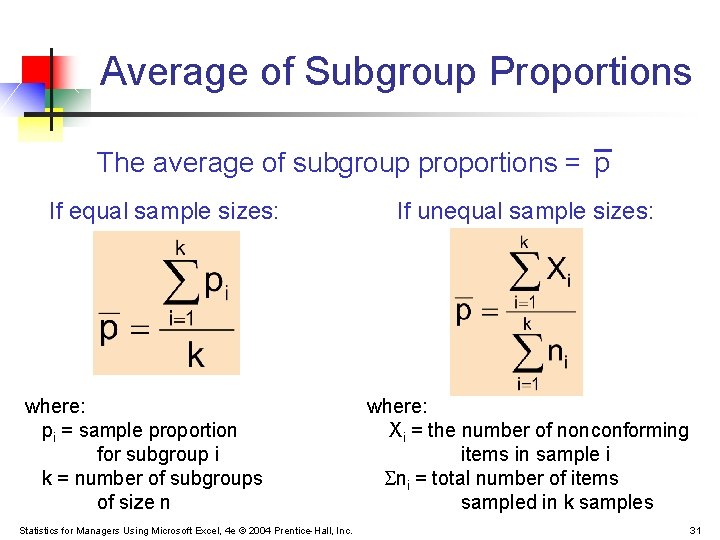 Average of Subgroup Proportions The average of subgroup proportions = p If equal sample Average of Subgroup Proportions The average of subgroup proportions = p If equal sample