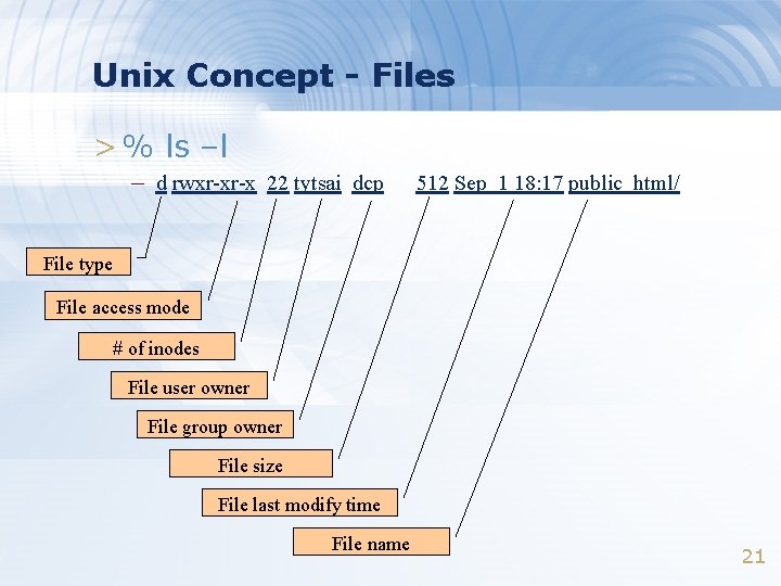 Unix Concept - Files > % ls –l – d rwxr-xr-x 22 tytsai dcp