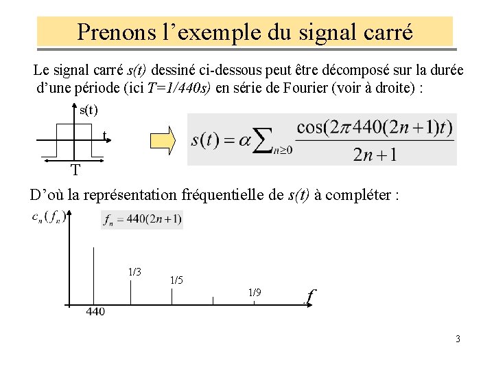 Prenons l’exemple du signal carré Le signal carré s(t) dessiné ci-dessous peut être décomposé
