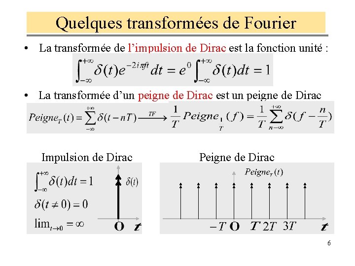 Quelques transformées de Fourier • La transformée de l’impulsion de Dirac est la fonction