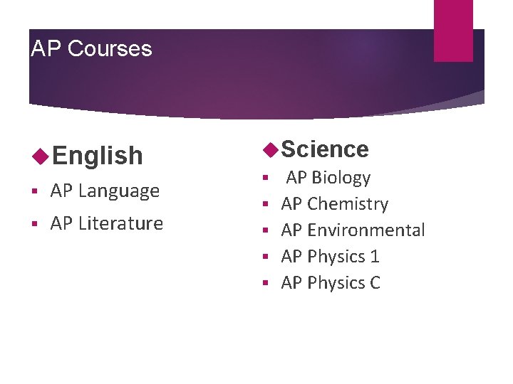AP Courses English § AP Language § AP Literature Science § AP Biology §