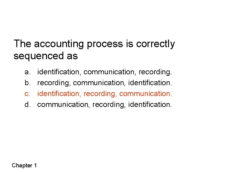 The accounting process is correctly sequenced as a. b. c. d. Chapter 1 identification,