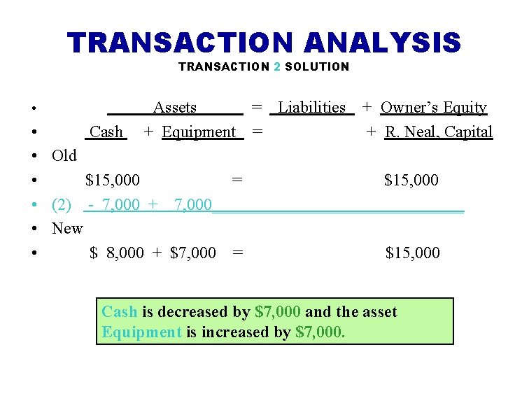 TRANSACTION ANALYSIS TRANSACTION 2 SOLUTION • Assets = Liabilities + Equipment = + Owner’s