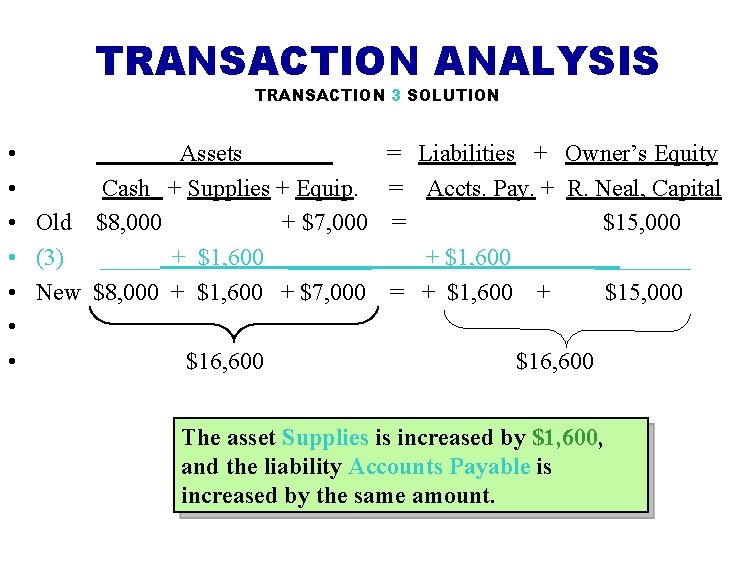 TRANSACTION ANALYSIS TRANSACTION 3 SOLUTION • Assets • Cash + Supplies + Equip. •