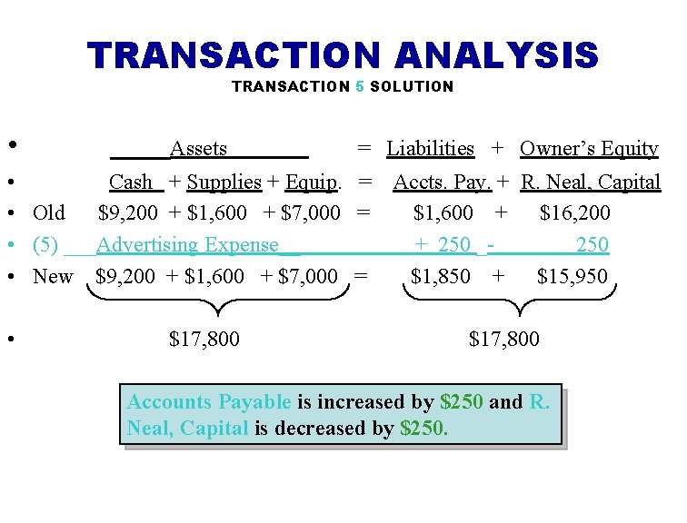 TRANSACTION ANALYSIS TRANSACTION 5 SOLUTION • Assets = Liabilities + Owner’s Equity • Cash