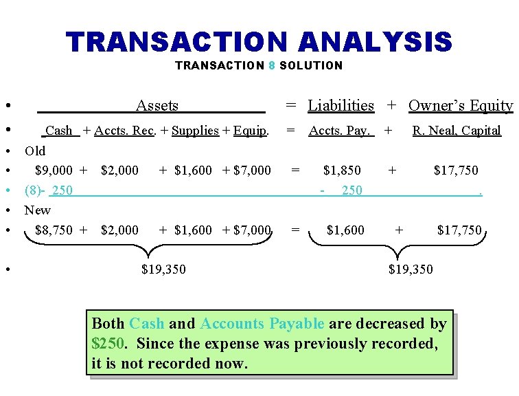 TRANSACTION ANALYSIS TRANSACTION 8 SOLUTION • • Assets Cash + Accts. Rec. + Supplies