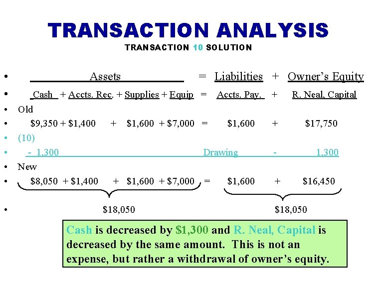 TRANSACTION ANALYSIS TRANSACTION 10 SOLUTION • • • Assets = Liabilities + Owner’s Equity