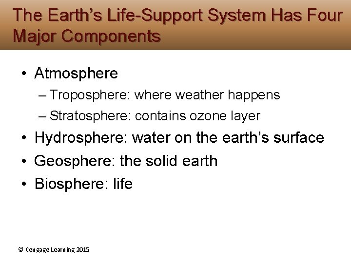The Earth’s Life-Support System Has Four Major Components • Atmosphere – Troposphere: where weather The Earth’s Life-Support System Has Four Major Components • Atmosphere – Troposphere: where weather
