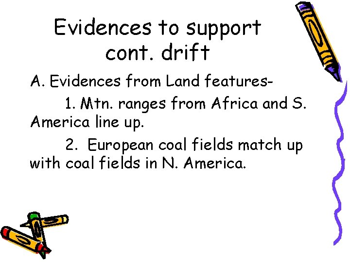 Evidences to support cont. drift A. Evidences from Land features 1. Mtn. ranges from