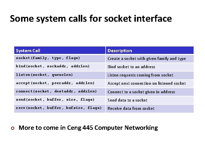 Carnegie Mellon Some system calls for socket interface ¢ System Call Description socket(family, type,