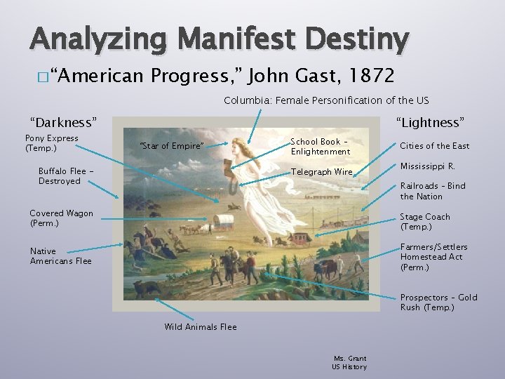 Analyzing Manifest Destiny � “American Progress, ” John Gast, 1872 Columbia: Female Personification of