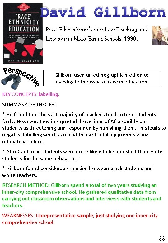 David Gillborn Race, Ethnicity and education: Teaching and Learning in Multi-Ethnic Schools. 1990. Gillborn