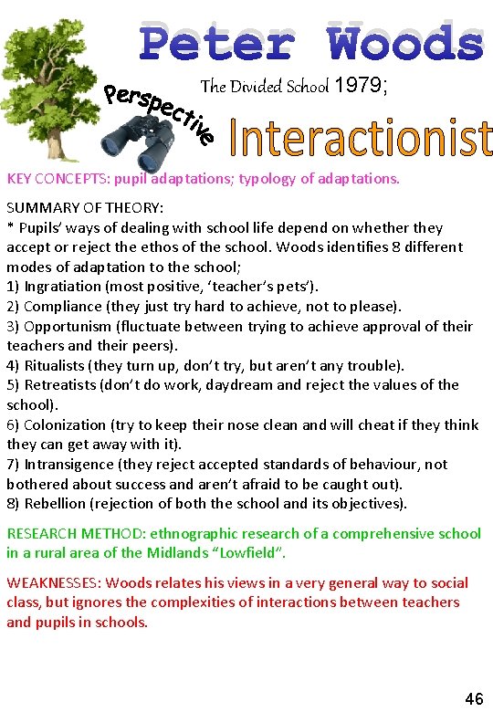 Peter Woods The Divided School 1979; KEY CONCEPTS: pupil adaptations; typology of adaptations. SUMMARY