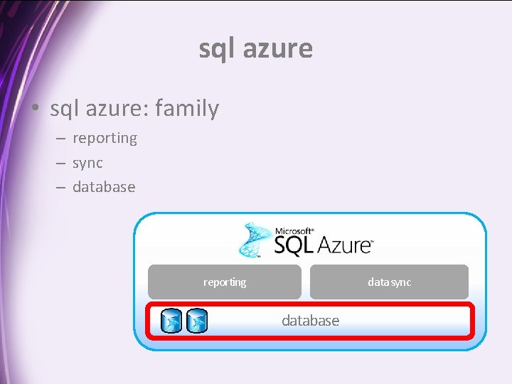 sql azure • sql azure: family – reporting – sync – database reporting data