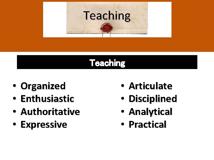 Teaching • • Organized Enthusiastic Authoritative Expressive • • Articulate Disciplined Analytical Practical 