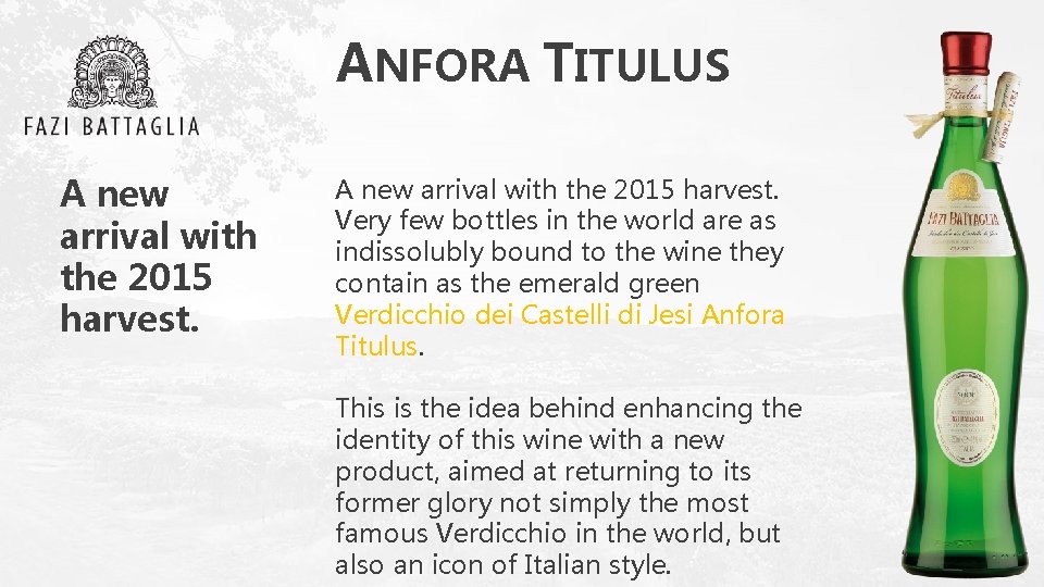 ANFORA TITULUS A new arrival with the 2015 harvest. Very few bottles in the