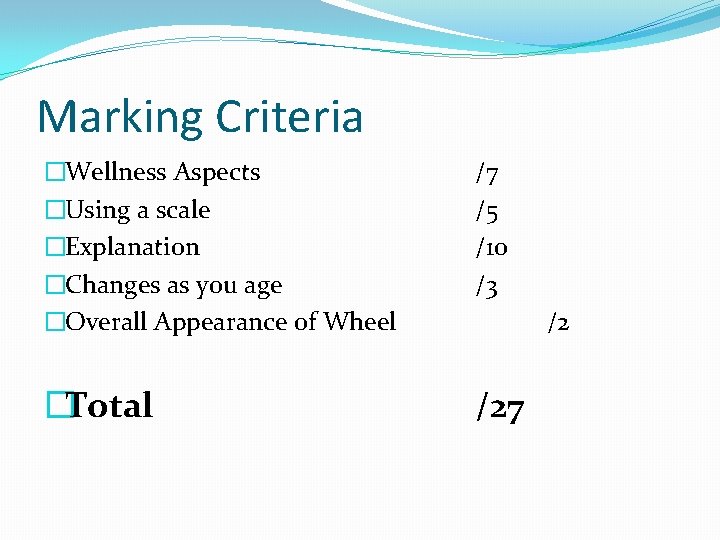 Marking Criteria �Wellness Aspects �Using a scale �Explanation �Changes as you age �Overall Appearance