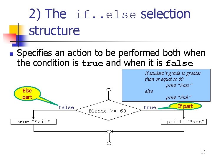 2) The if. . else selection structure n Specifies an action to be performed