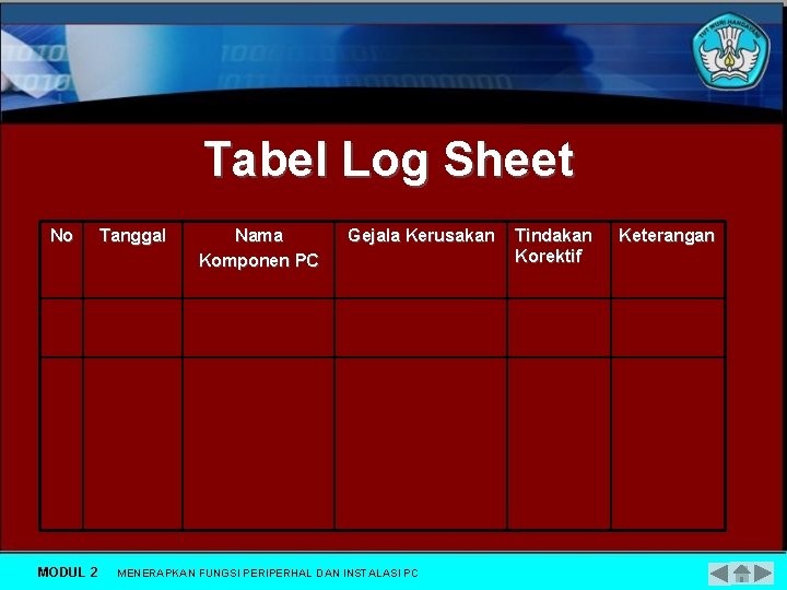 Tabel Log Sheet No MODUL 2 Tanggal Nama Komponen PC Gejala Kerusakan MENERAPKAN FUNGSI