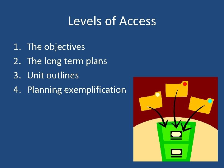 Levels of Access 1. 2. 3. 4. The objectives The long term plans Unit