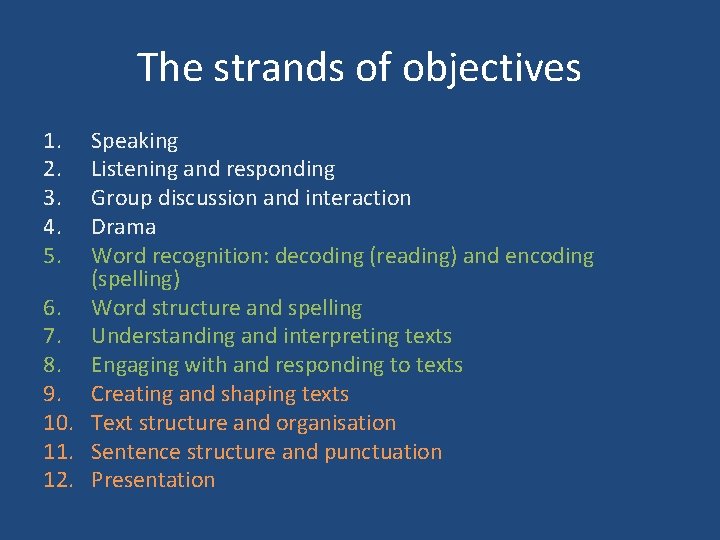 The strands of objectives 1. 2. 3. 4. 5. Speaking Listening and responding Group