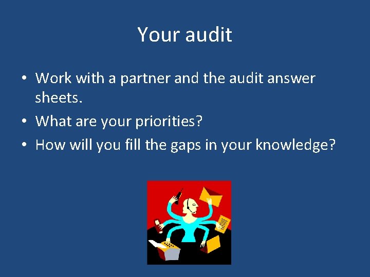 Your audit • Work with a partner and the audit answer sheets. • What