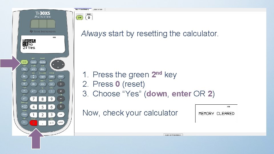 Always start by resetting the calculator. 1. Press the green 2 nd key 2.