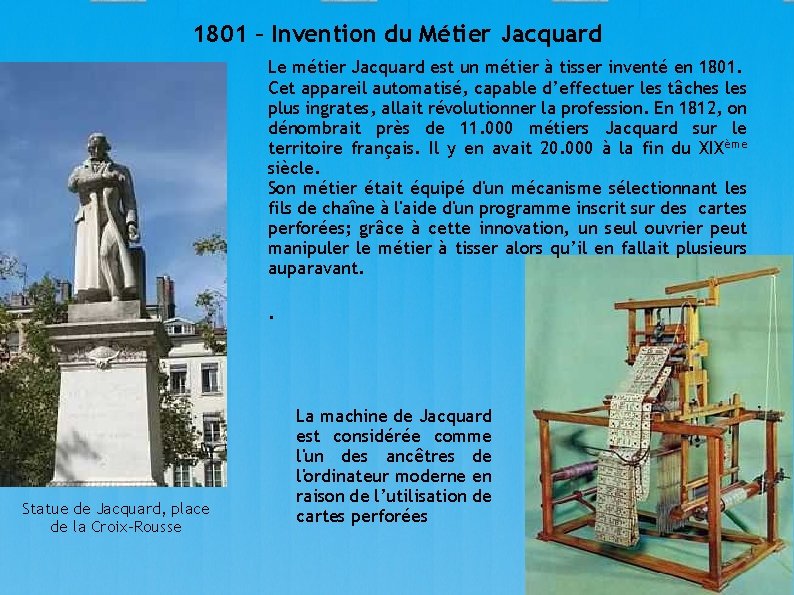 1801 – Invention du Métier Jacquard Le métier Jacquard est un métier à tisser