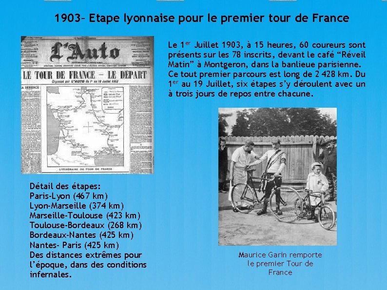 1903– Etape lyonnaise pour le premier tour de France Le 1 er Juillet 1903,