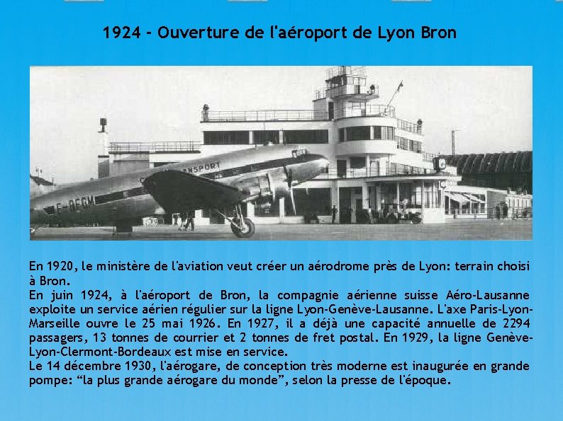 1924 - Ouverture de l'aéroport de Lyon Bron En 1920, le ministère de l'aviation