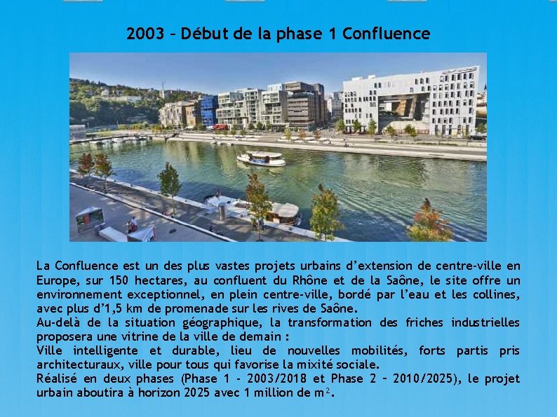 2003 – Début de la phase 1 Confluence La Confluence est un des plus