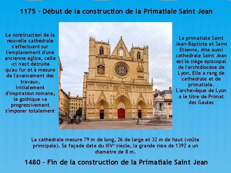 1175 – Début de la construction de la Primatiale Saint Jean La construction de