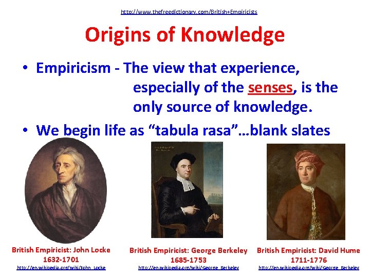 http: //www. thefreedictionary. com/British+Empiricists Origins of Knowledge • Empiricism - The view that experience,