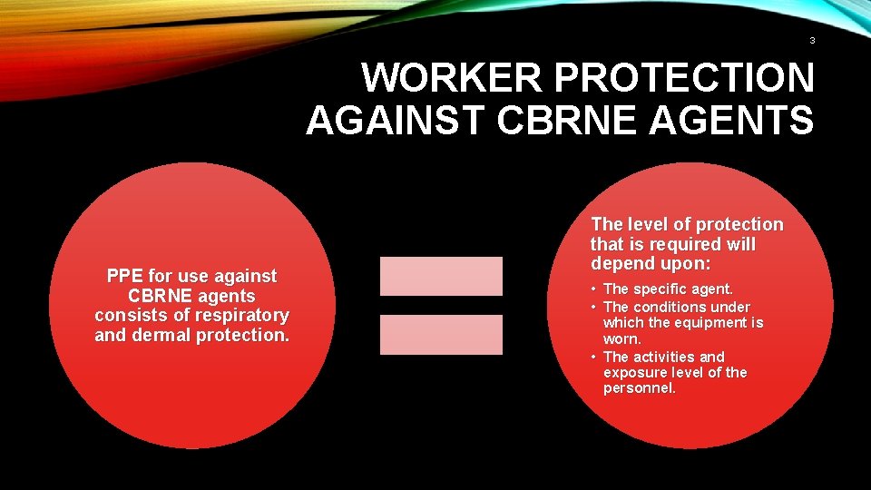 3 WORKER PROTECTION AGAINST CBRNE AGENTS PPE for use against CBRNE agents consists of