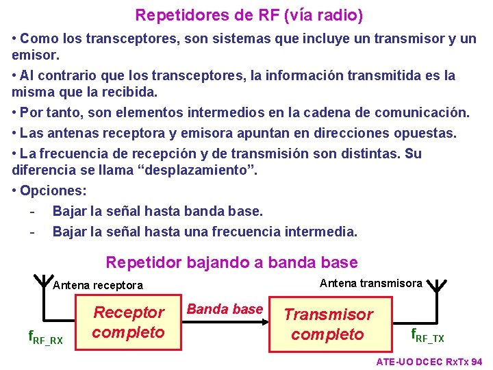 Repetidores de RF (vía radio) • Como los transceptores, son sistemas que incluye un Repetidores de RF (vía radio) • Como los transceptores, son sistemas que incluye un