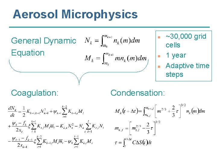 Aerosol Microphysics General Dynamic Equation n Coagulation: Condensation: ~30, 000 grid cells 1 year