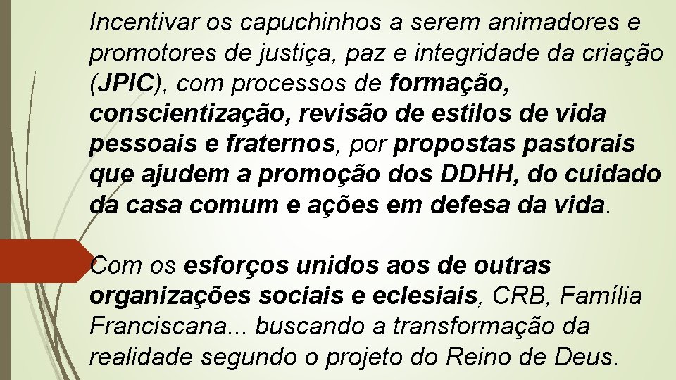 Incentivar os capuchinhos a serem animadores e promotores de justiça, paz e integridade da