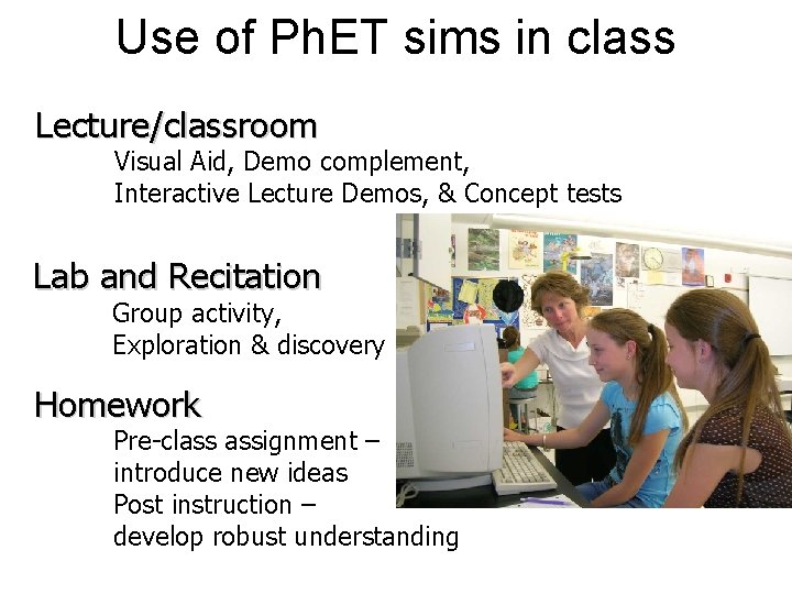 Use of Ph. ET sims in class Lecture/classroom Visual Aid, Demo complement, Interactive Lecture