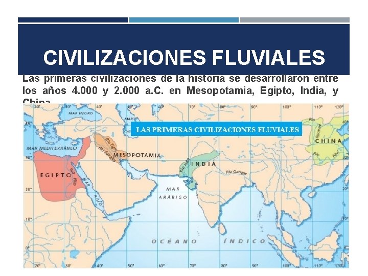 CIVILIZACIONES FLUVIALES Las primeras civilizaciones de la historia se desarrollaron entre los años 4.