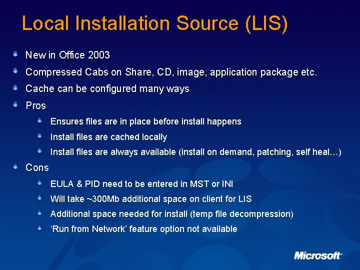 Local Installation Source (LIS) New in Office 2003 Compressed Cabs on Share, CD, image,