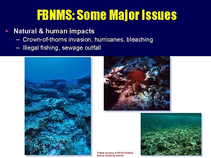 FBNMS: Some Major Issues • Natural & human impacts – Crown-of-thorns invasion, hurricanes, bleaching