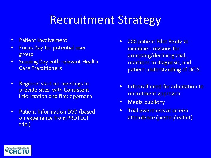 Recruitment Strategy • Patient involvement • Focus Day for potential user group • Scoping