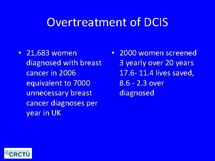 Overtreatment of DCIS • 21, 683 women diagnosed with breast cancer in 2006 equivalent