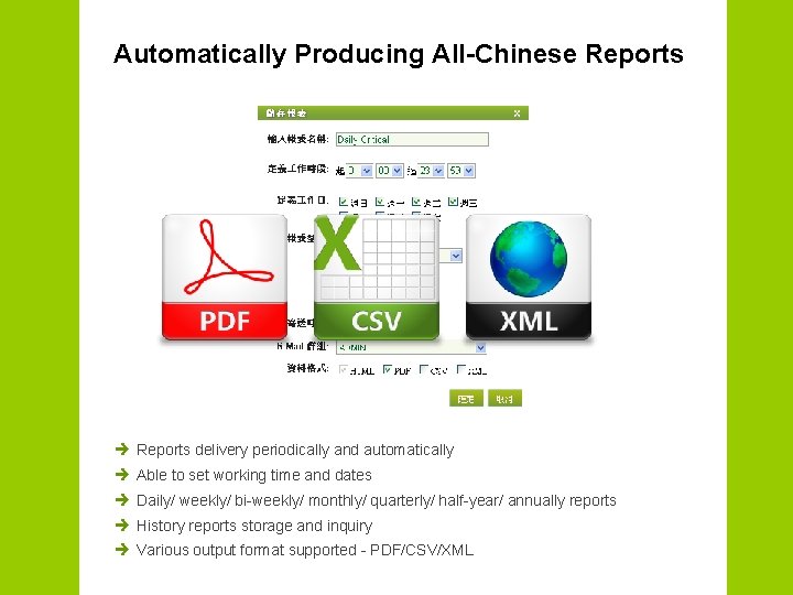 Automatically Producing All-Chinese Reports è Reports delivery periodically and automatically è Able to set