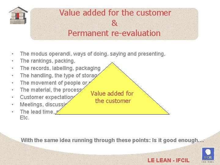 Value added for the customer & Permanent re-evaluation • • • The modus operandi,