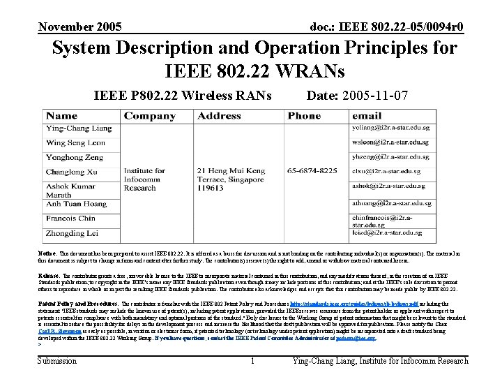 November 2005 doc. : IEEE 802. 22 -05/0094 r 0 System Description and Operation