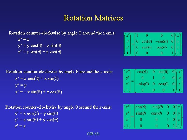 Rotation Matrices Rotation counter-clockwise by angle around the x-axis: x’ = x y’ =
