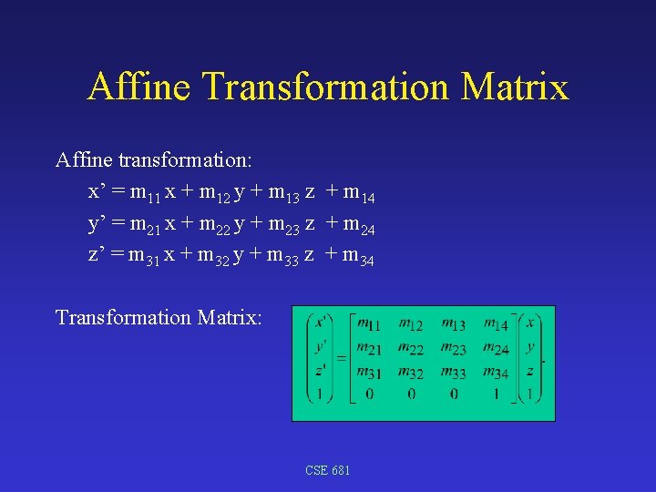 Affine Transformation Matrix Affine transformation: x’ = m 11 x + m 12 y