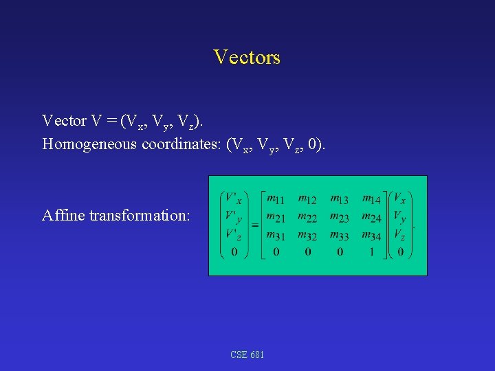 Vectors Vector V = (Vx, Vy, Vz). Homogeneous coordinates: (Vx, Vy, Vz, 0). Affine